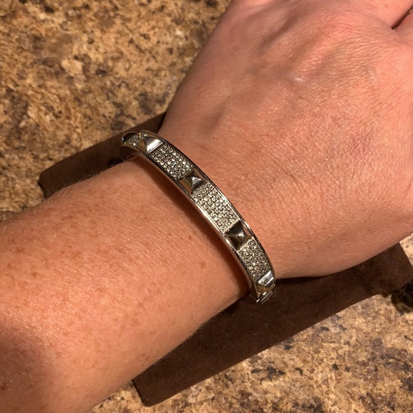 EUC Michael Kors Silver Bracelet Hinge & Lock Rhinestone & Spike Details RARE - Picture 6 of 6